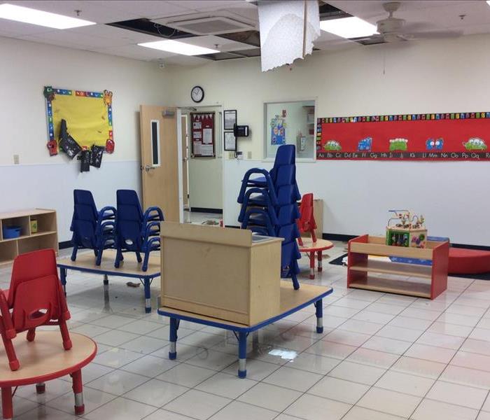 Kid's classroom with water on tile floors